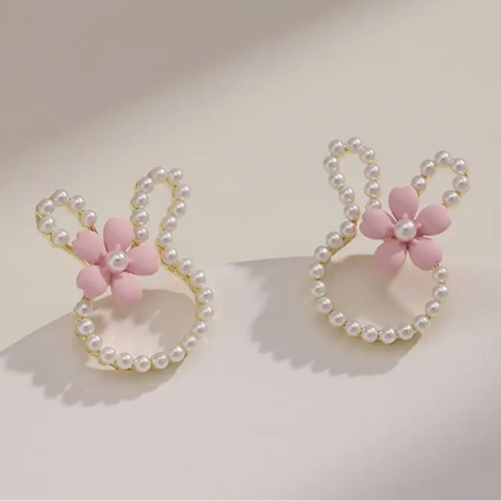New Cute Rabbit Bunny Design Stud Earrings with Faux Pearl & Flower.